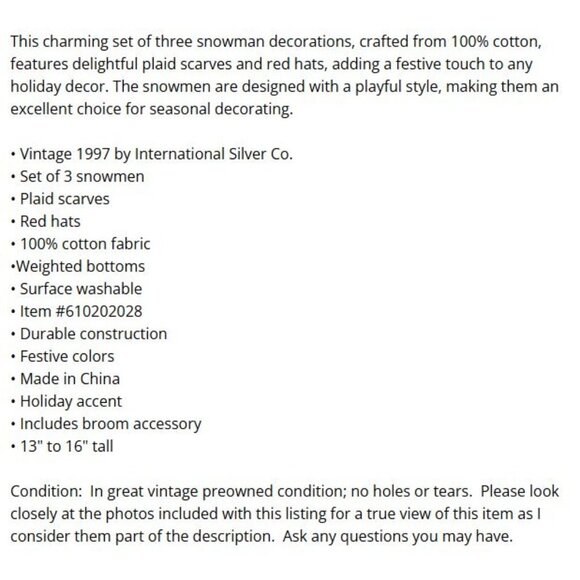 Vintage 1997 Set Of 3 Cotton Snowman Shelf Sitters Holiday Plaid Scarves 13"-16" - Picture 14 of 14